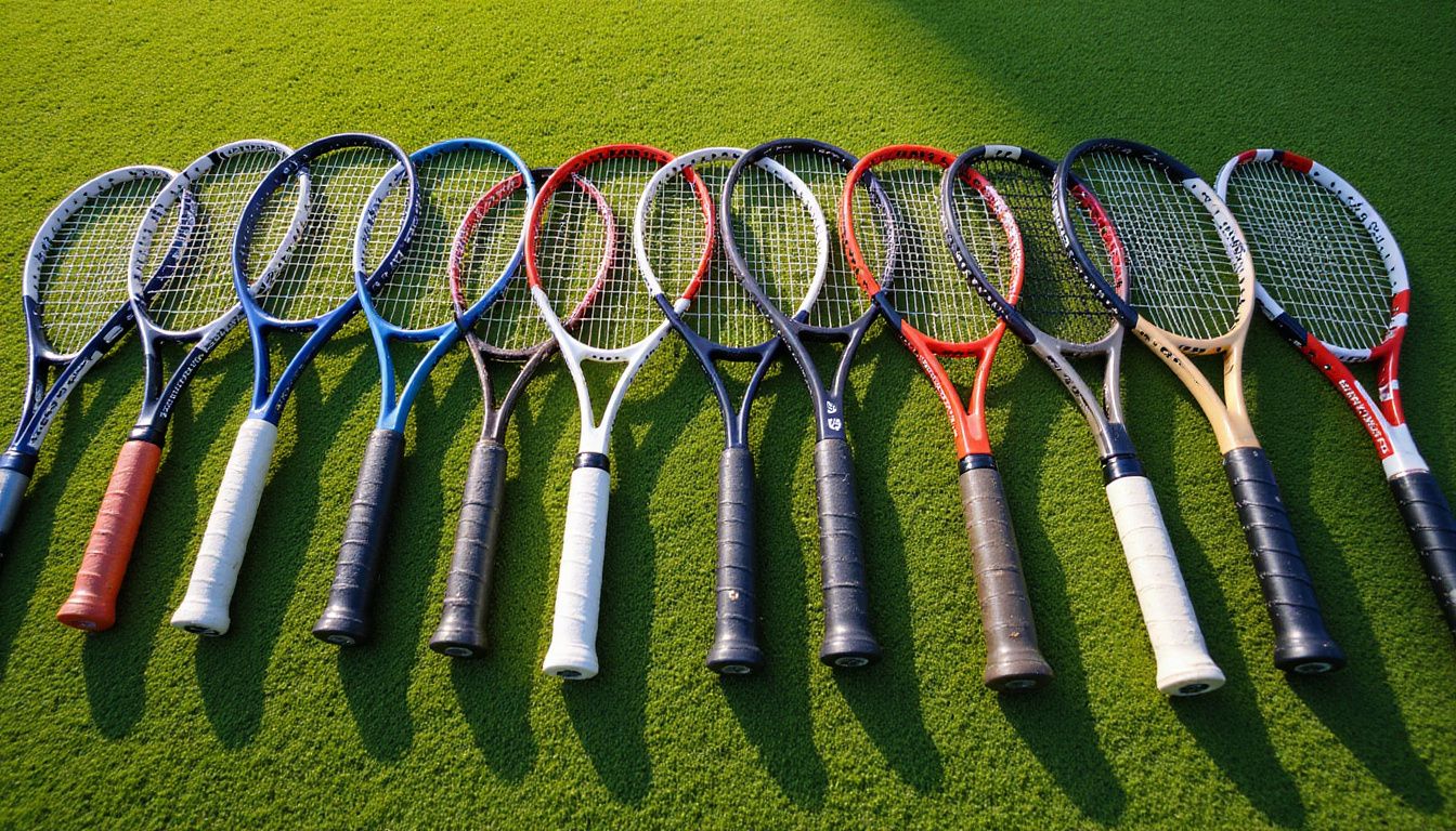 An overhead photo of sixteen tennis racquets arranged on a grass court. An overhead photo of sixteen tennis racquets arranged on a grass court.