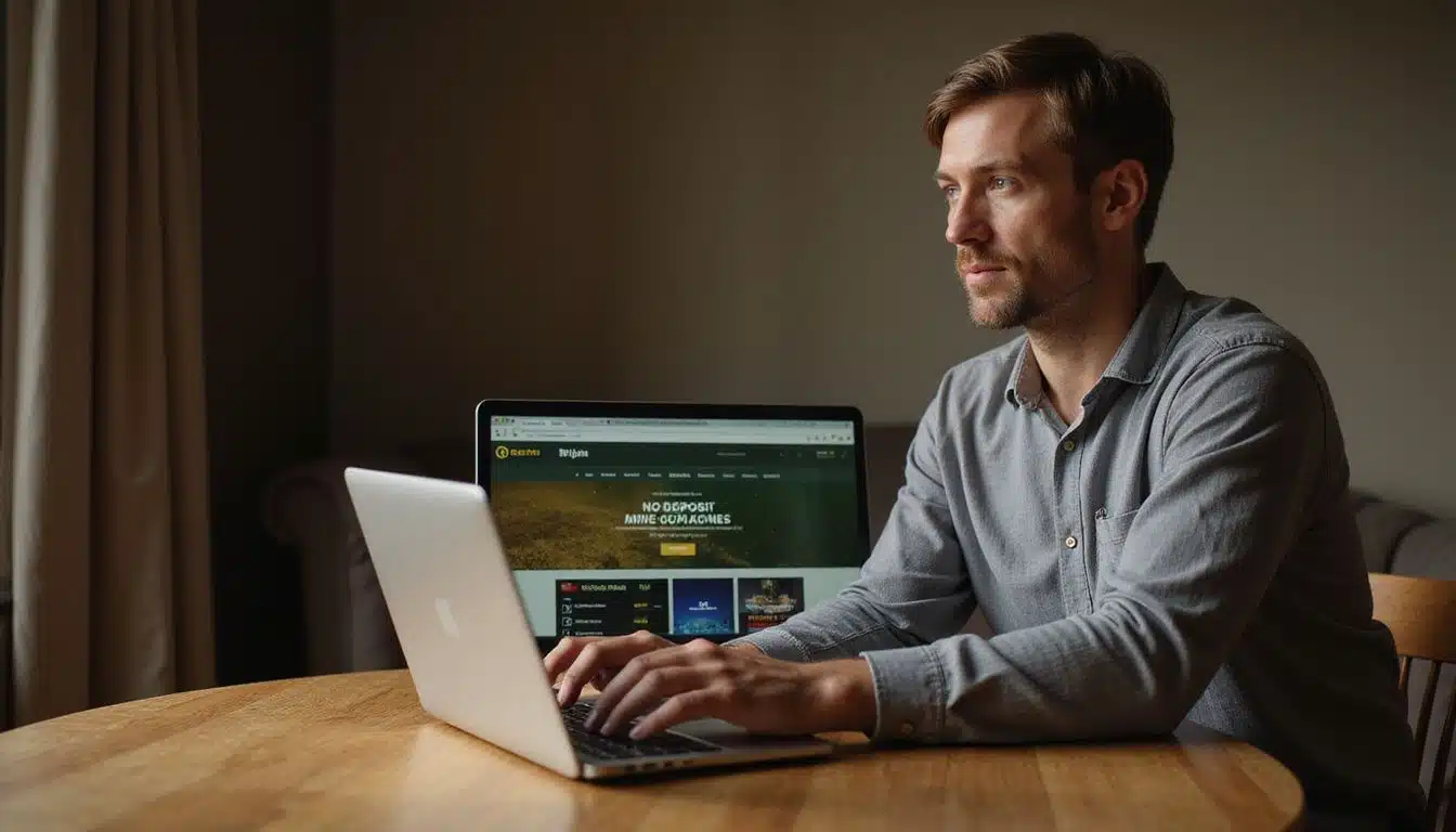 A man in his thirties looks at BetMGM Sportsbook homepage on a laptop. A man in his thirties looks at BetMGM Sportsbook homepage on a laptop.