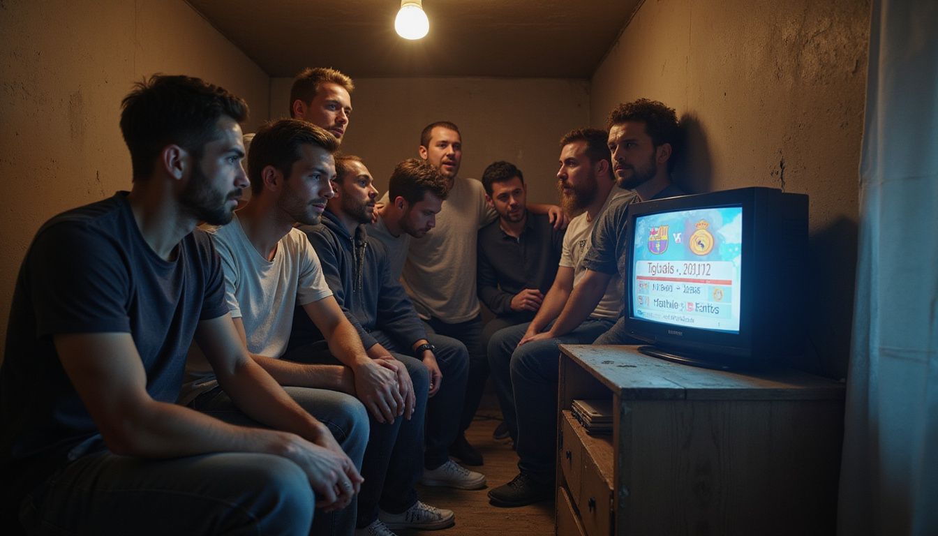 A group of soccer fans gather around a small TV to watch a game. A group of soccer fans gather around a small TV to watch a game.