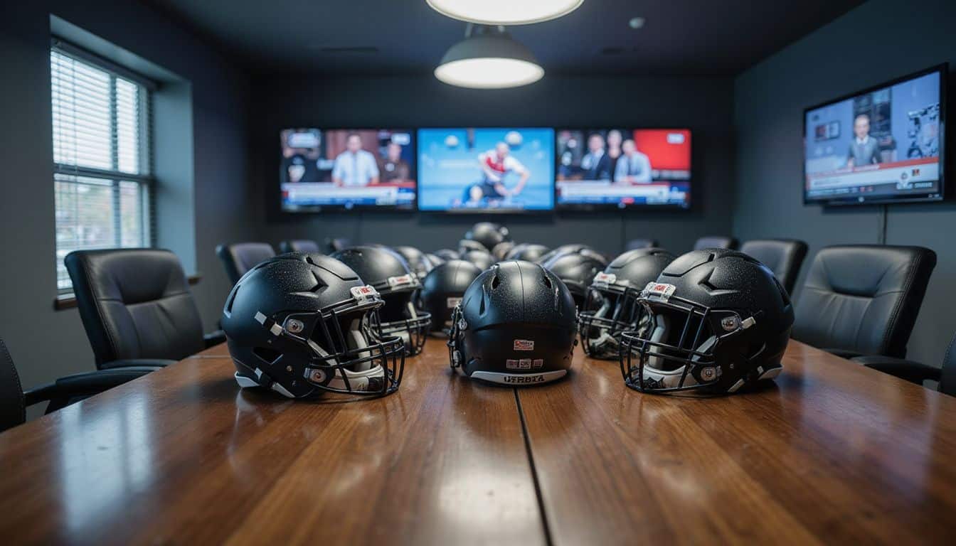 Meticulously detailed NFL helmets arranged on a polished wooden conference table. Meticulously detailed NFL helmets arranged on a polished wooden conference table.