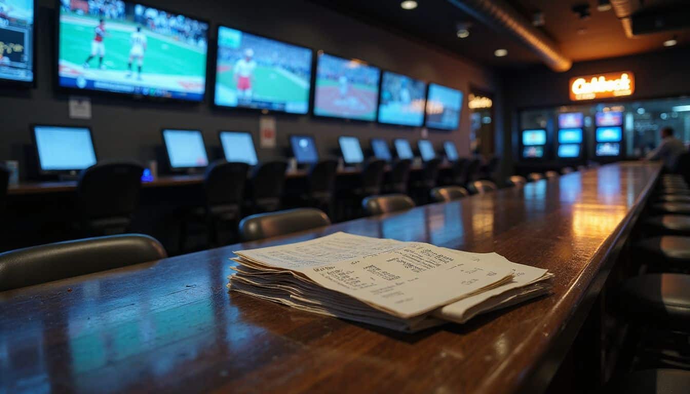 An empty sportsbook late at night with lit monitors and betting slips. An empty sportsbook late at night with lit monitors and betting slips.