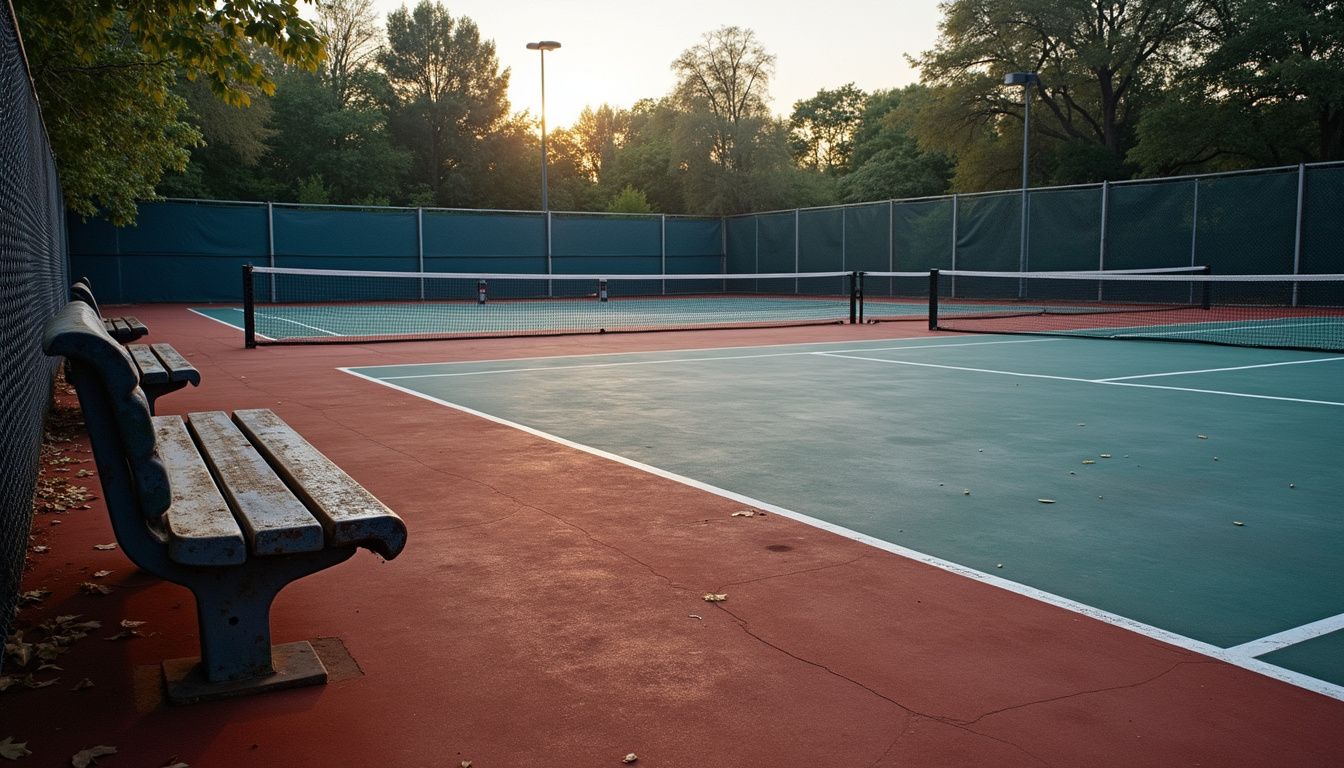 A serene tennis court complex at twilight, with empty, well-maintained courts. A serene tennis court complex at twilight, with empty, well-maintained courts.
