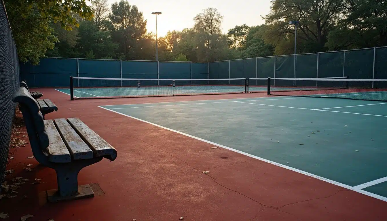 A serene tennis court complex at twilight, with empty, well-maintained courts. A serene tennis court complex at twilight, with empty, well-maintained courts.
