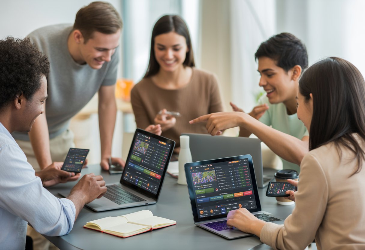 A group of young adults using laptops and smartphones to explore betting games together around a table.