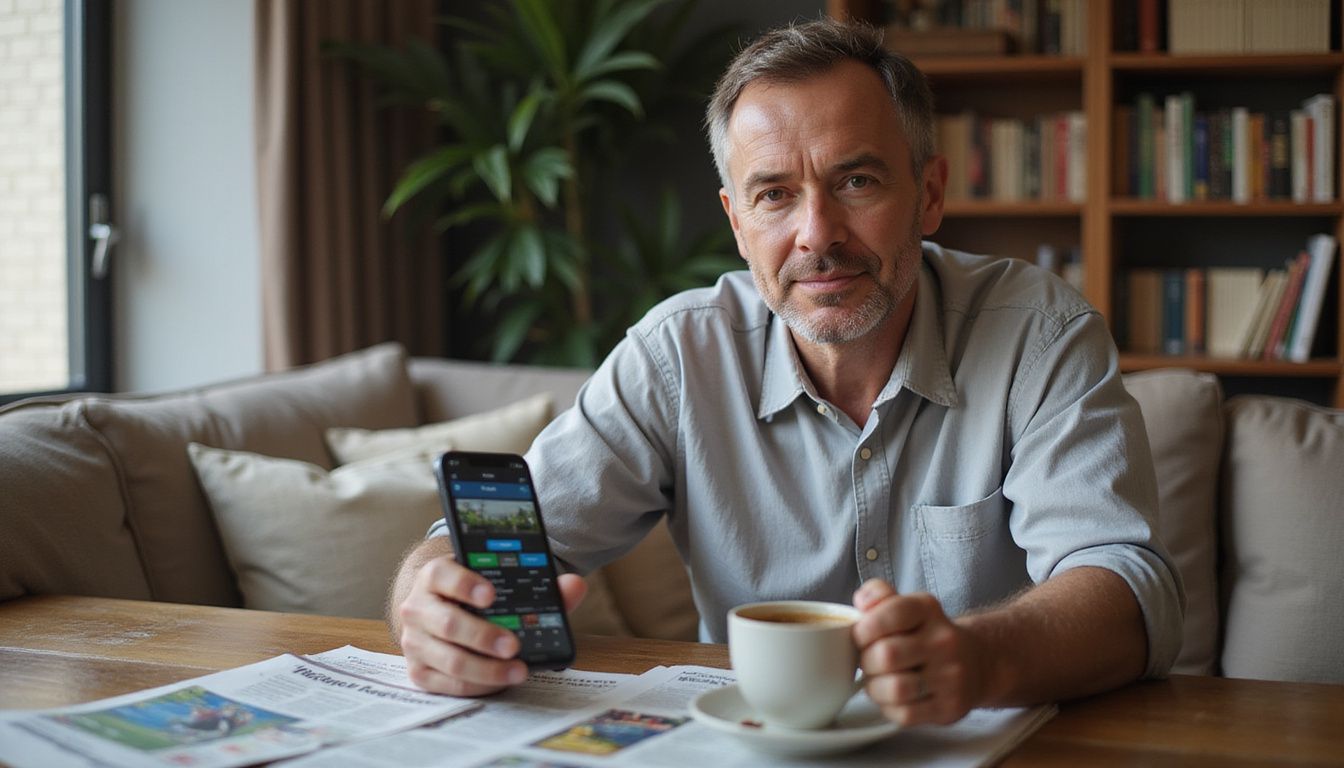 A person seated at a table using a sports betting app. A person seated at a table using a sports betting app.