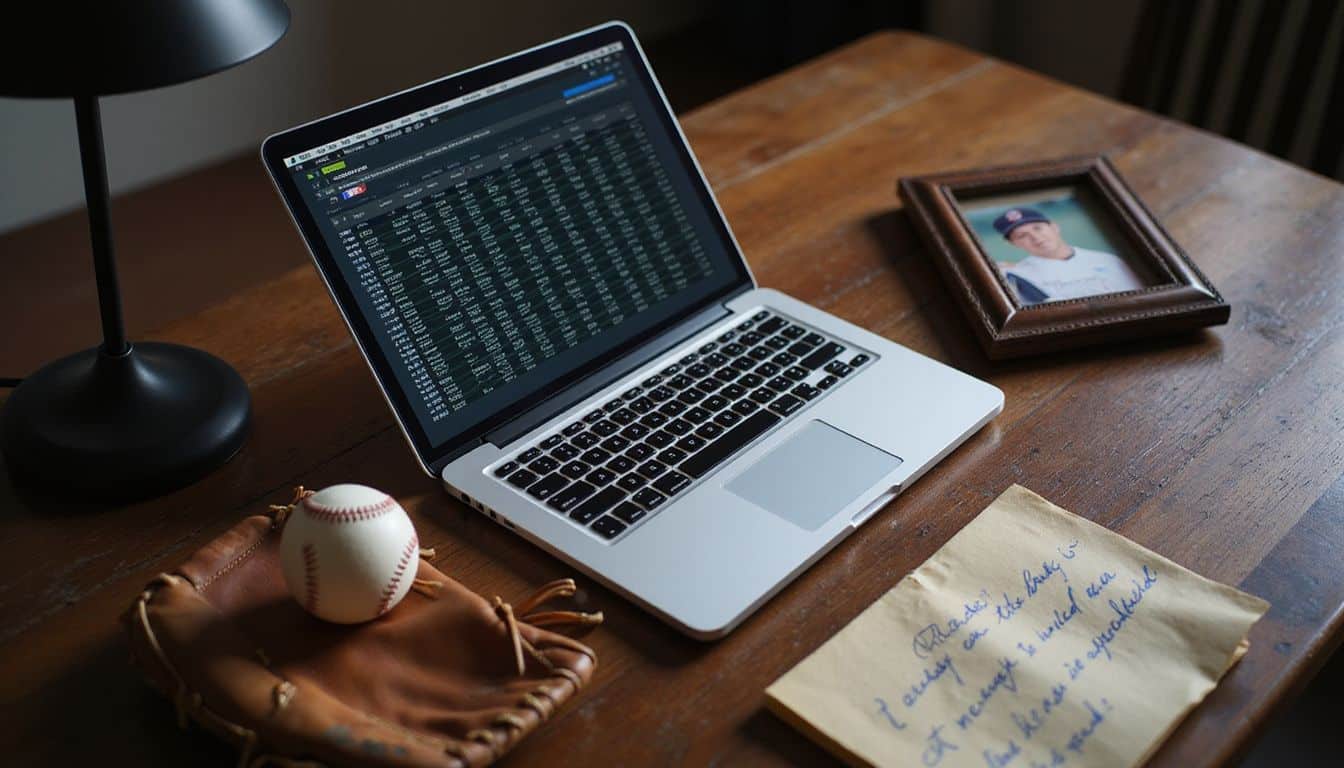 A desk with open laptop, baseball memorabilia, notepad, and desk lamp.
