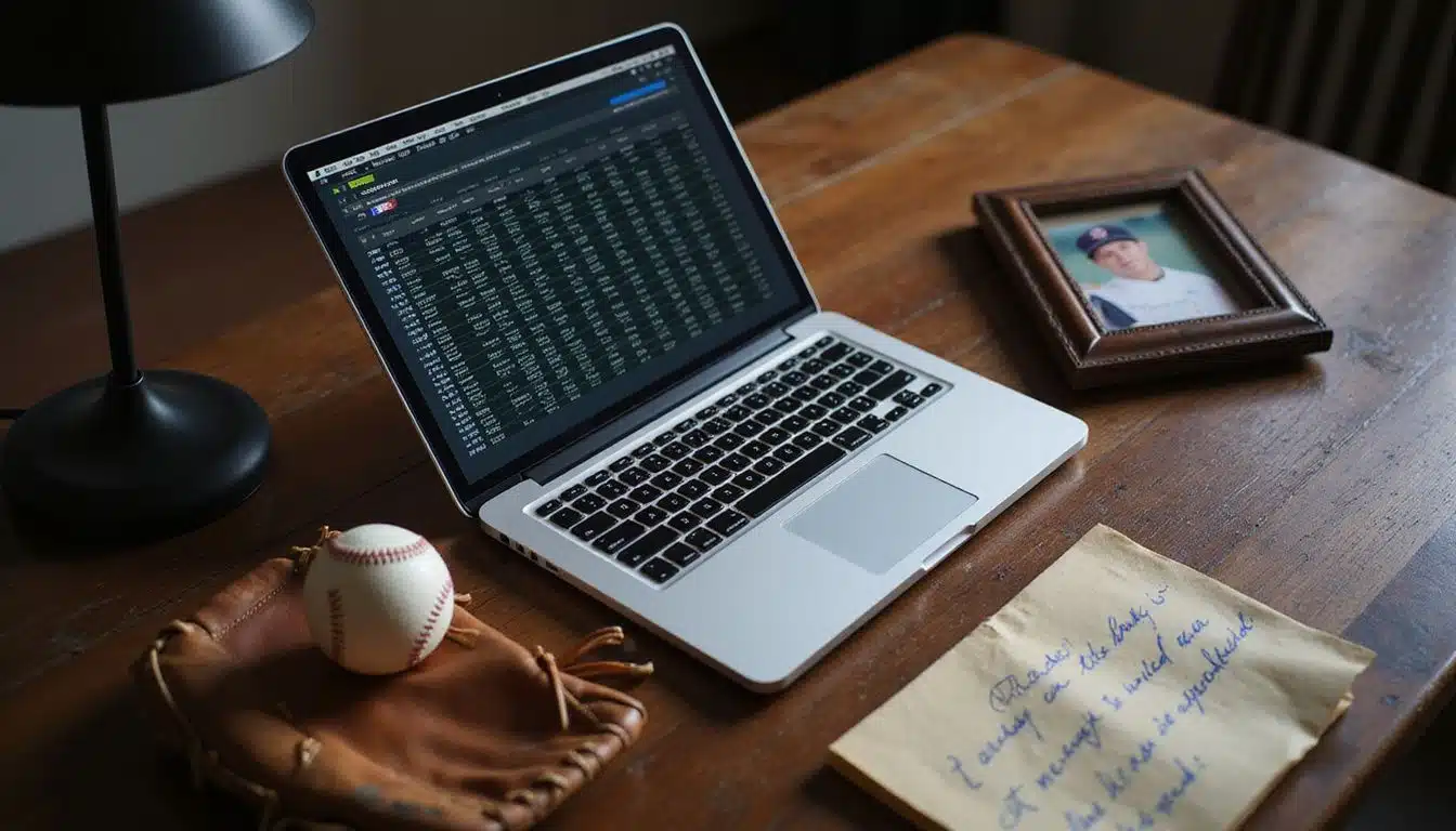 A desk with open laptop, baseball memorabilia, notepad, and desk lamp. A desk with open laptop, baseball memorabilia, notepad, and desk lamp.