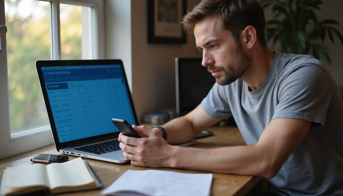 A man in his 30s sits at a desk studying sports betting statistics. A man in his 30s sits at a desk studying sports betting statistics.