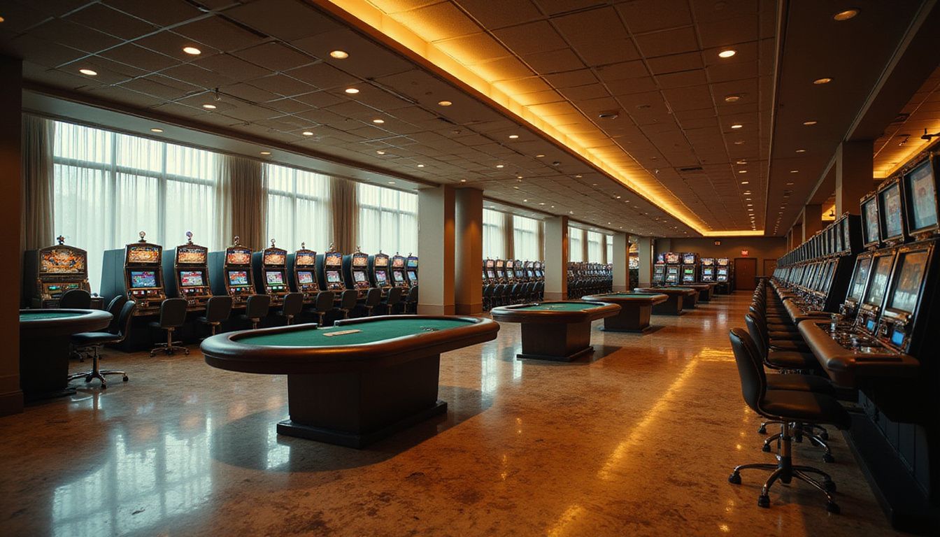 An empty casino floor with slot machines and poker tables. An empty casino floor with slot machines and poker tables.