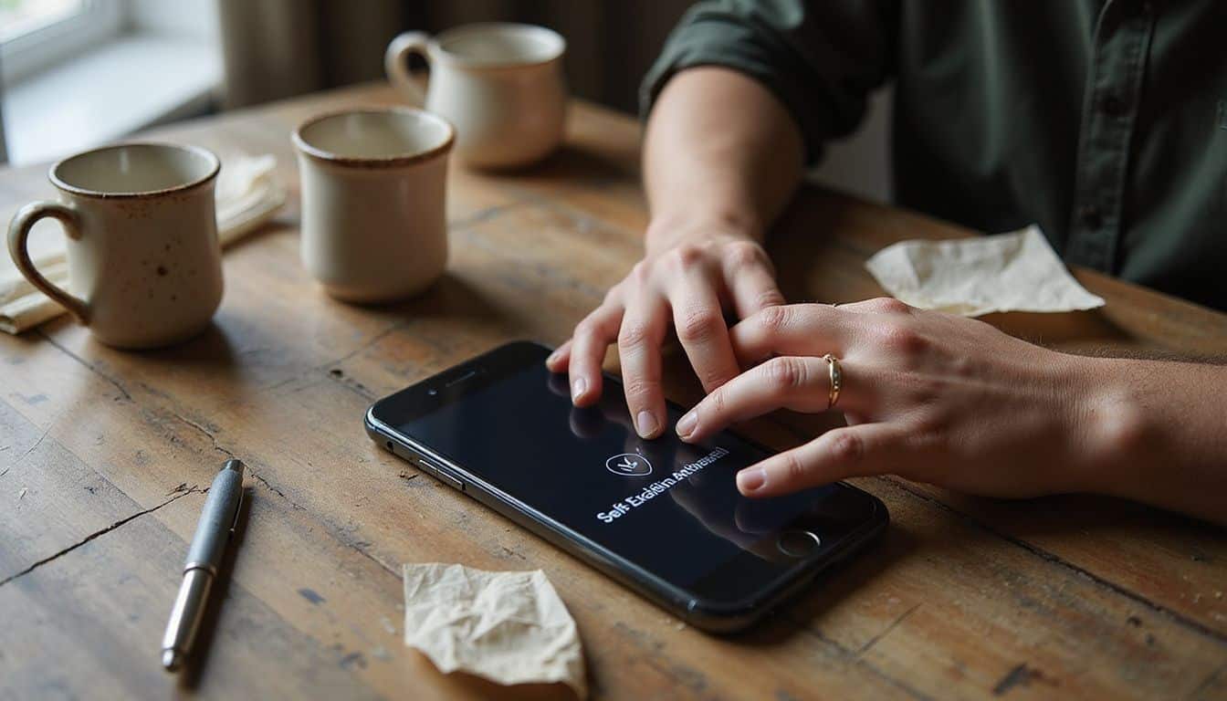 Person activating self-exclusion on sports betting app at cluttered desk. Person activating self-exclusion on sports betting app at cluttered desk.