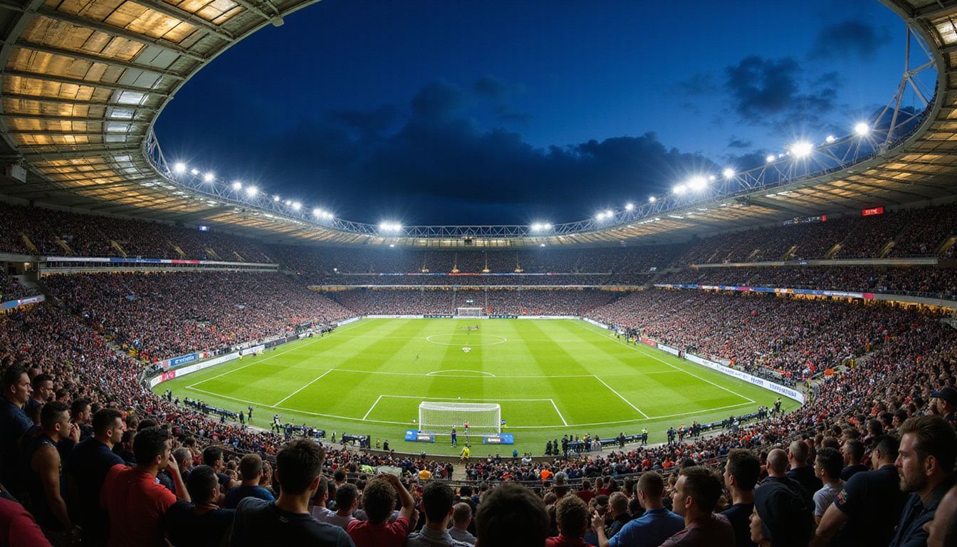 An aerial photo of the Allianz Arena during the UEFA Champions League final, capturing the stadium's illuminated exterior, fans, and players in vivid detail. An aerial photo of the Allianz Arena during the UEFA Champions League final, capturing the stadium's illuminated exterior, fans, and players in vivid detail.