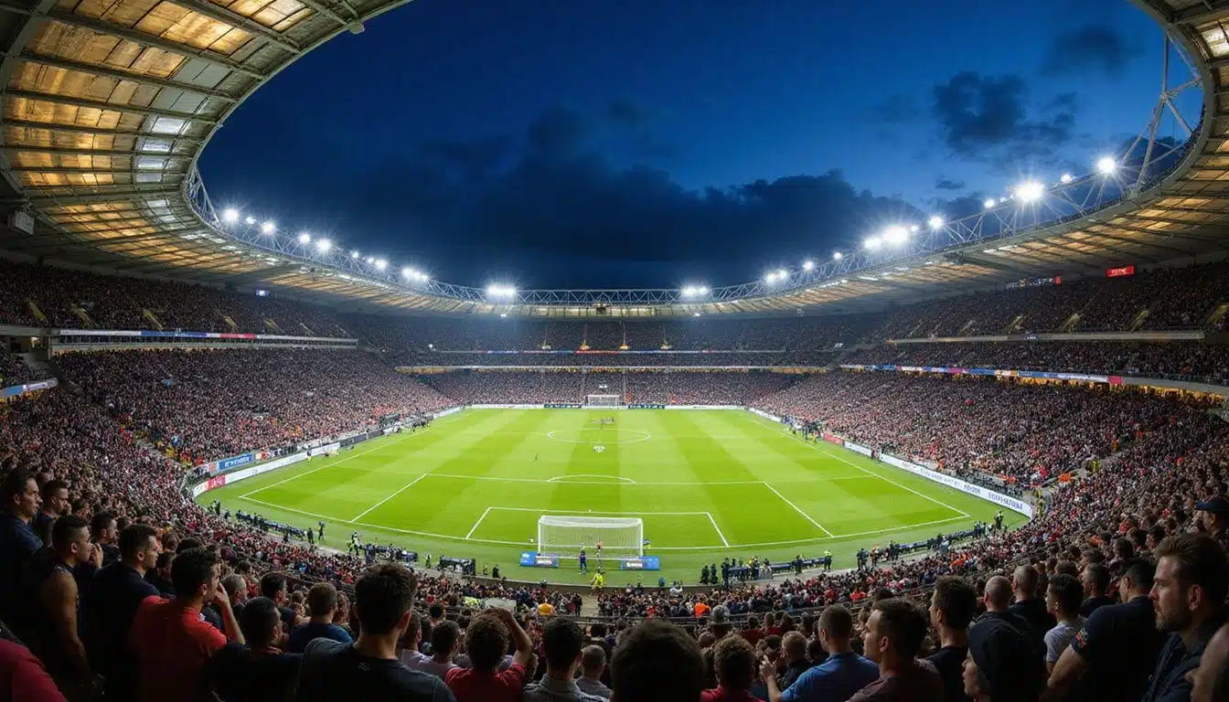 An aerial photo of the Allianz Arena during the UEFA Champions League final, capturing the stadium's illuminated exterior, fans, and players in vivid detail.